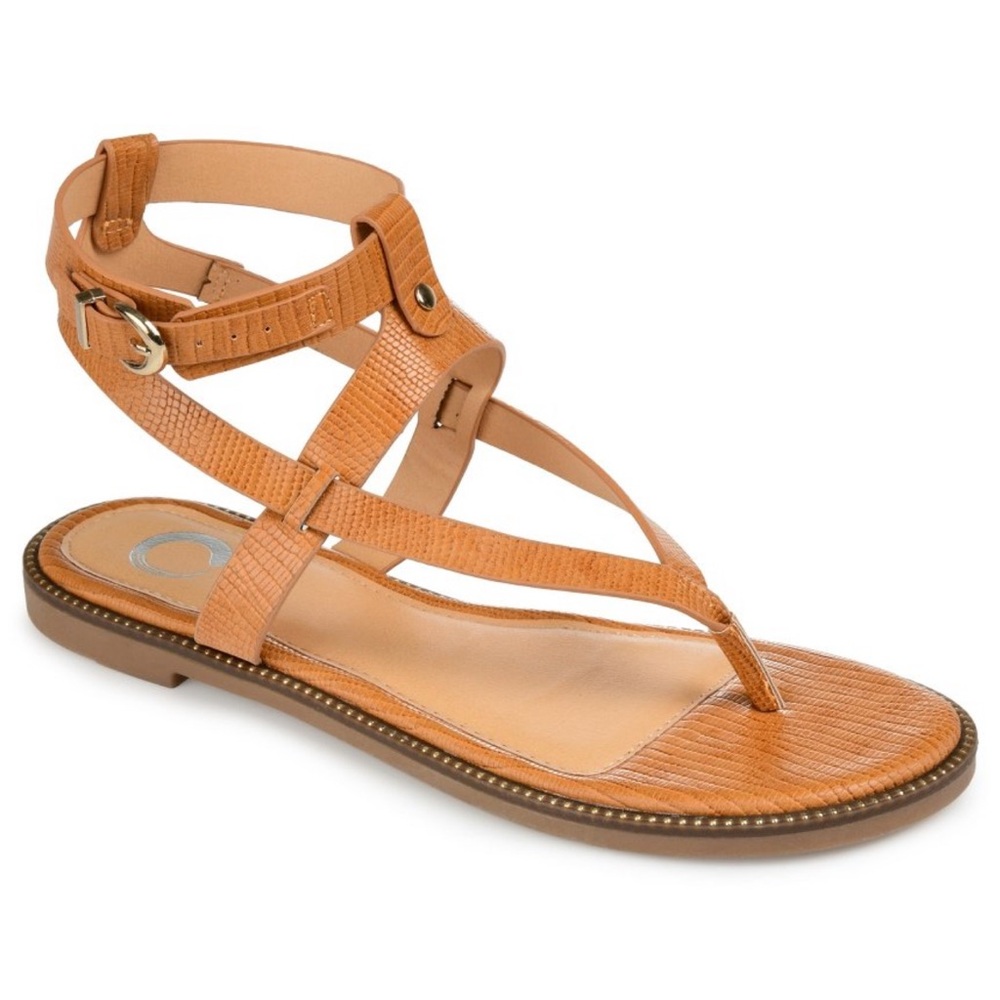 Journee Collection Tan Leather Thong Sandals with Adjustable Ankle Strap